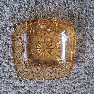 Vintage Yellow Amber Glass Candy Dish Bowl 6.5" Starburst Cut Square Retro MCM